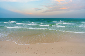 Beautiful Tropical Beach Hua Hin, Prachuap Khiri Khan Province, Thailand. blue ocean background Summer view Sunshine at Sand and Sea Asia Beach Destinations 