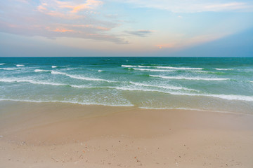 Beautiful Tropical Beach Hua Hin, Prachuap Khiri Khan Province, Thailand. blue ocean background Summer view Sunshine at Sand and Sea Asia Beach Destinations 