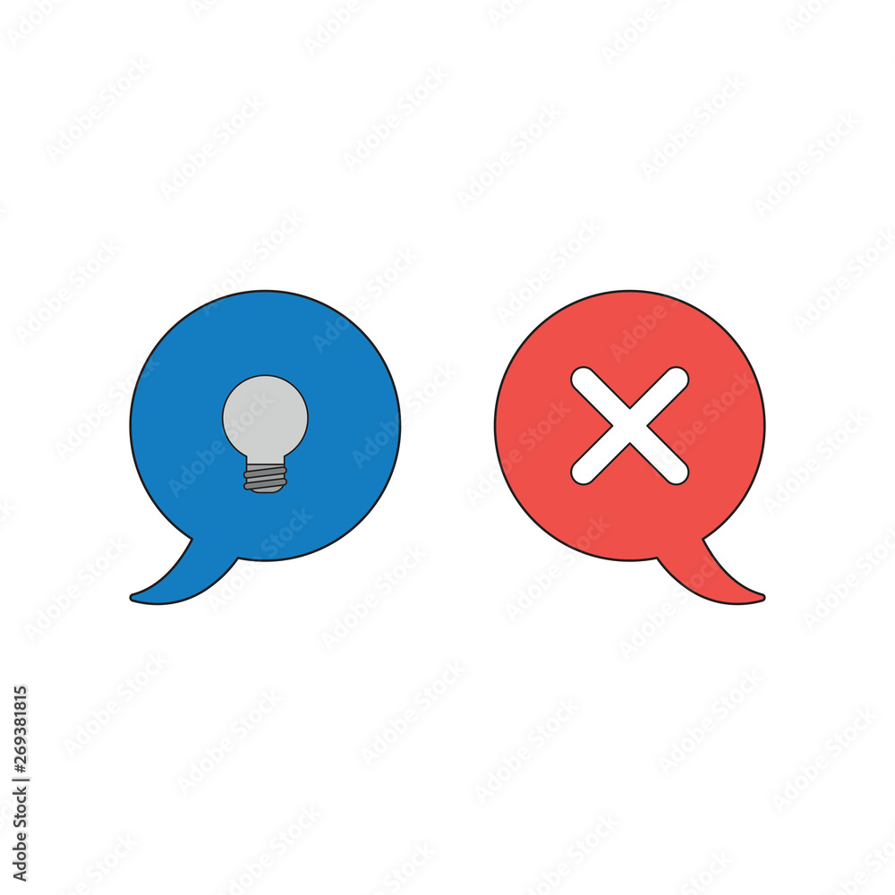 Poster vector icon concept of speech bubbles with light bulb and x mark.