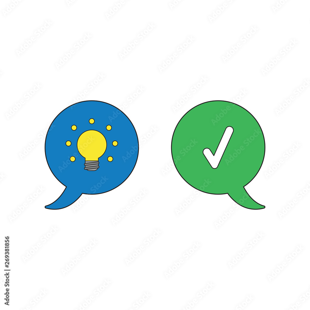 Poster vector icon concept of speech bubbles with glowing light bulb and check mark.