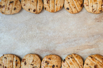 Traditional chocolate chip cookies on table