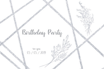 Wedding Card template. Silver flowers on background. Hand drawn vintage illustrations