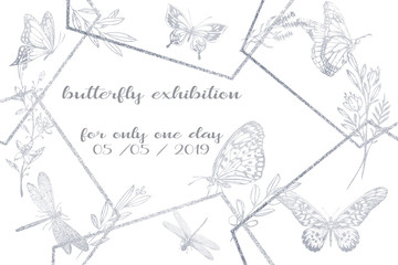 Obraz premium Wedding Card template. Silver flowers on background. Hand drawn vintage illustrations