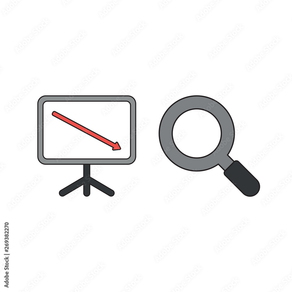 Poster vector icon concept of sales chart arrow moving down with magnifier.