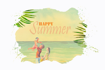 Obraz na płótnie Canvas Happy summer text with family traveling.