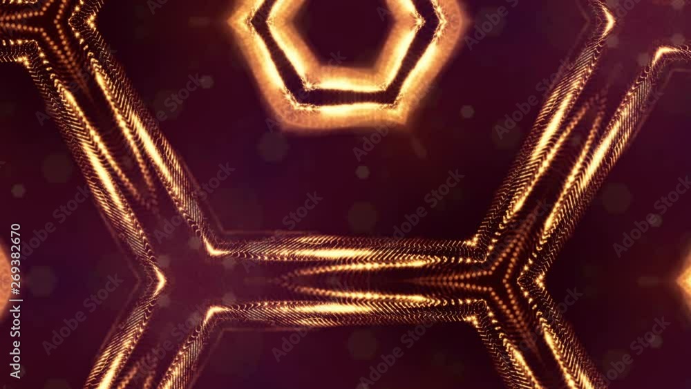 Poster glow particles form sci-fi cosmic background. looped 3d animation. golden red symmetrical structures