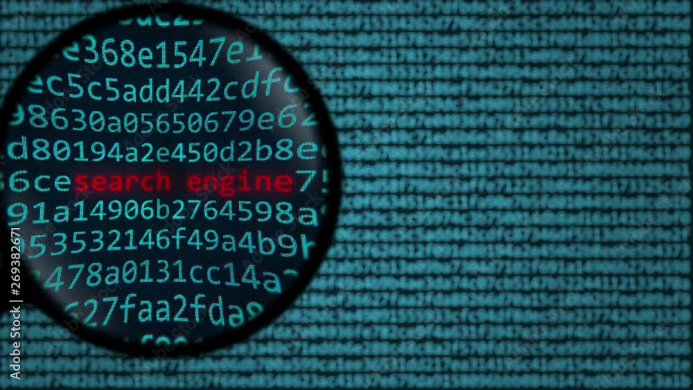 Poster magnifying glass discovers search engine text on computer screen