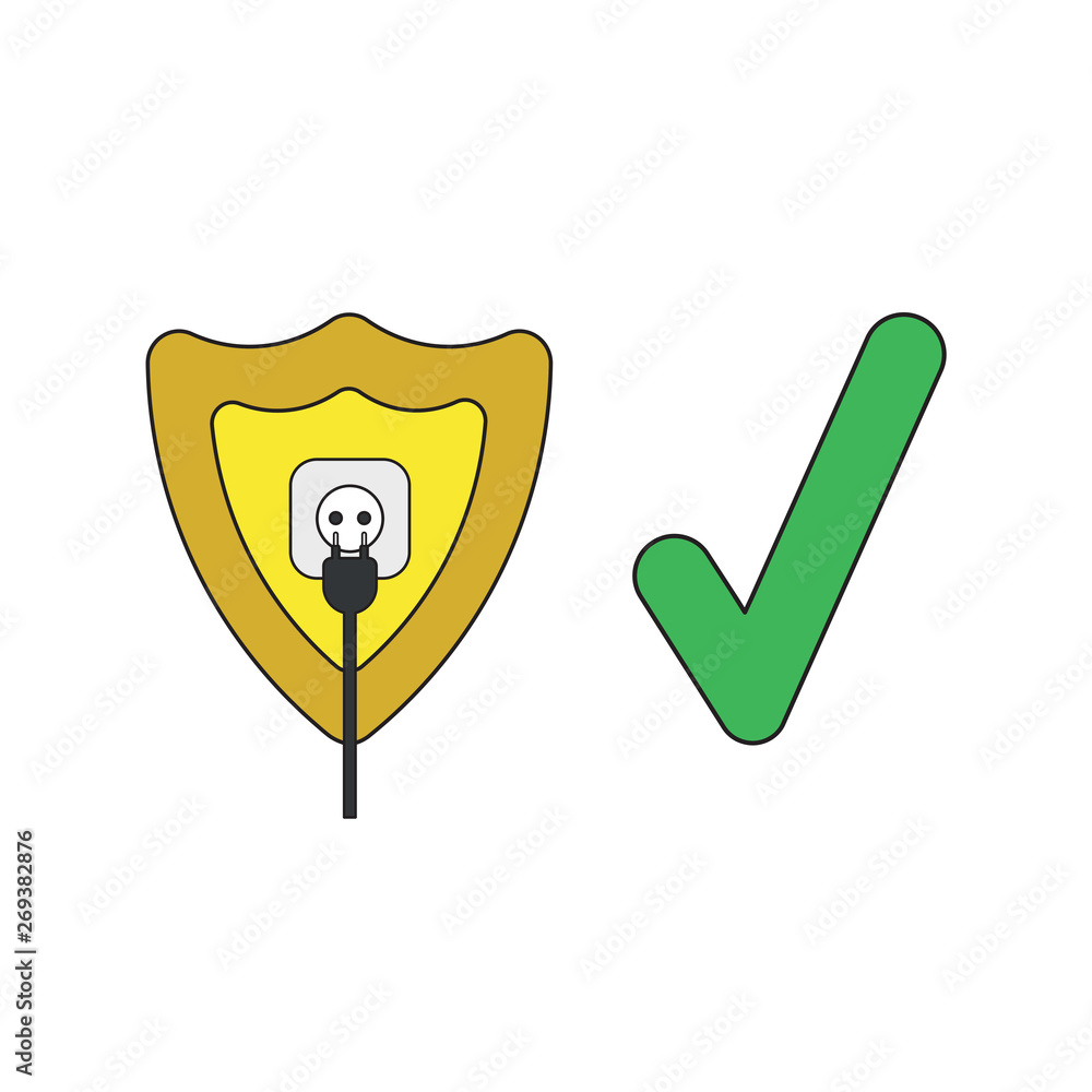 Poster vector icon concept of shield with plug plugged into outlet and check mark.