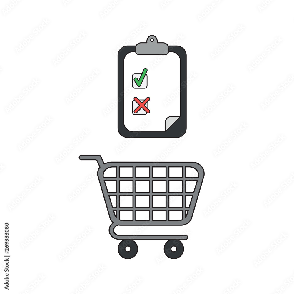Poster vector icon concept of shopping cart with clipboard and check and x mark.