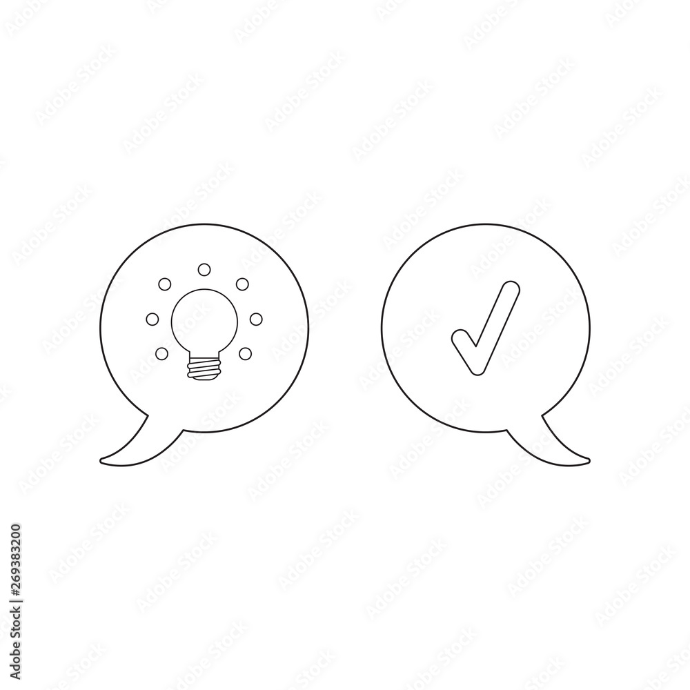 Poster vector icon concept of speech bubbles with glowing light bulb and check mark.