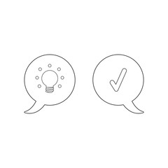 Vector icon concept of speech bubbles with glowing light bulb and check mark.