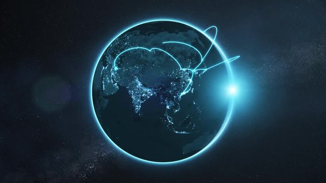3d animation of a growing network across a realistic earth. Seamless loop. Abstract global business network concept. Blue night version. Elements of this image furnished by NASA