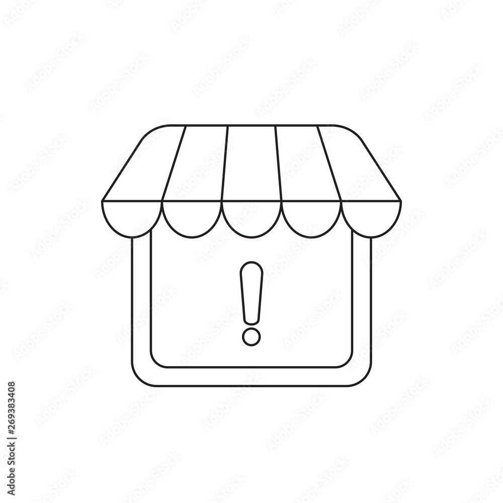 Poster vector icon concept of store with awning and exclamation mark.
