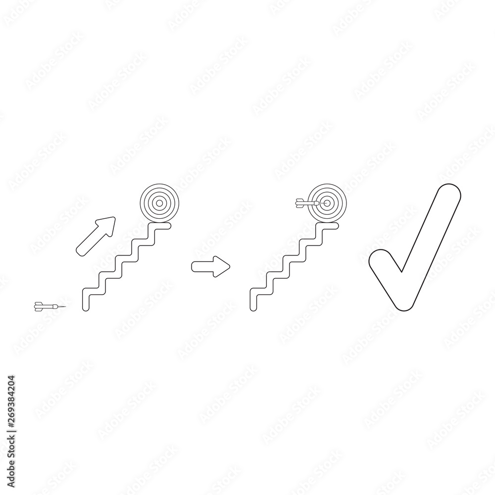 Poster vector icon concept of bulls eye at top of stairs and dart in the center with check mark.