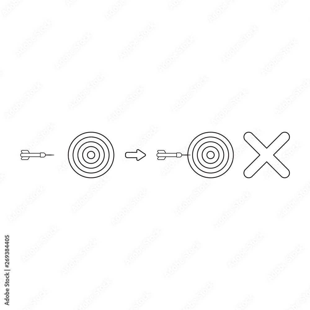 Poster vector icon concept of bulls eye and dart miss target with x mark.