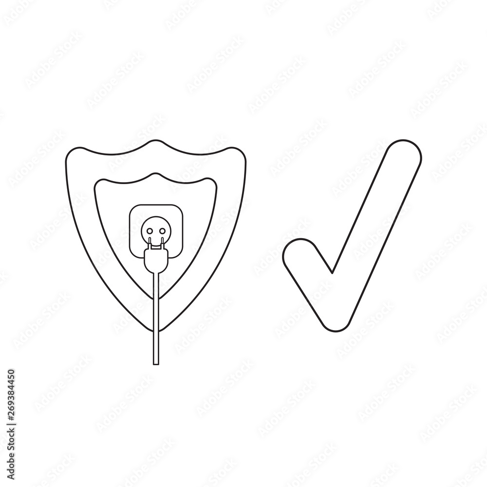 Poster vector icon concept of shield with plug plugged into outlet and check mark.