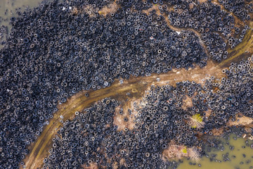 Aerial view of tire landfill. Environmental disaster.