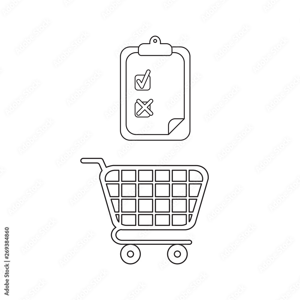 Poster vector icon concept of shopping cart with clipboard and check and x mark.