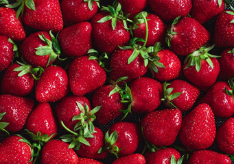 Delicious fresh, ripe strawberries with tails, texture of large strawberries
