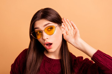 Close up photo beautiful amazing she her lady chatterbox sharing say news listen sound arms near...