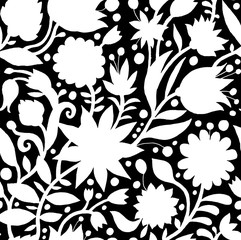 Seamless flowers pattern. Flower prick painted by hand. Suitable for packaging, fabrics, wallpapers and simple colorings.