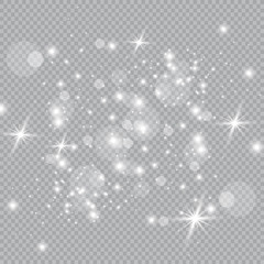 Dust white. White sparks and golden stars shine with special light. Vector sparkles on a transparent background. Christmas abstract pattern. Sparkling magical dust particles.