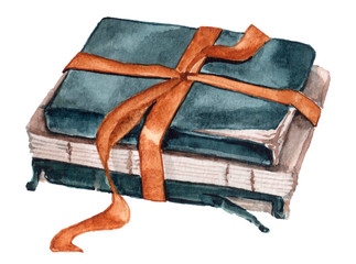 Watercolor pile of old books with golden bow ribbon.