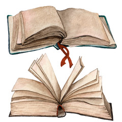 Watercolor illustration. Open old book with sheets of paper.