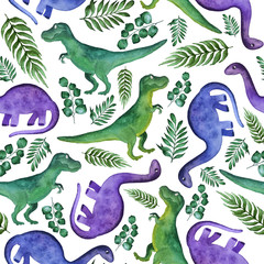 Watercolor seamless pattern with cute dinosaurs and tropical leaves on white background. Colorful illustration with Dino.