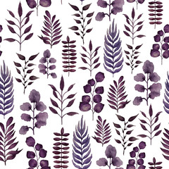 Watercolor floral background. Seamless pattern with twigs in purple shades.