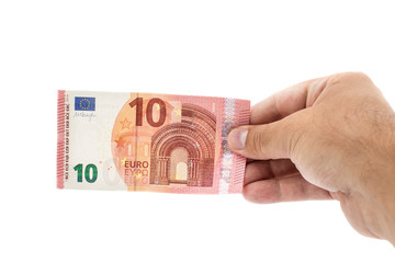 man hand give ten euro banknote on a white background