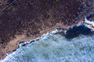 Aerial view of frozen lake. Drone view. Background texture concept.