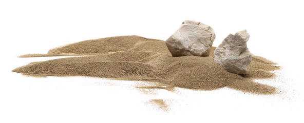 Rocks in sand pile isolated on white background and texture