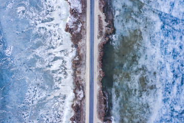 Aerial view of frozen lake. Drone view. Background texture concept.