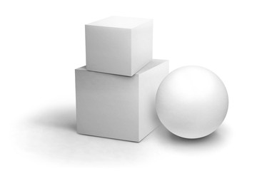 Blank objects composition mockup. White cube and sphere. Isolated objects on a white background. 3D rendering.