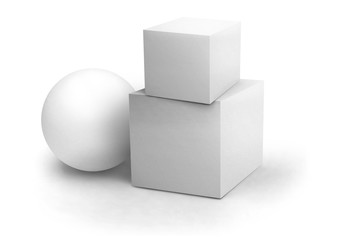 Blank objects composition mockup. White cube and sphere. Isolated objects on a white background. 3D rendering.