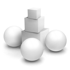 Blank objects composition mockup. White cube and sphere. Isolated objects on a white background. 3D rendering.