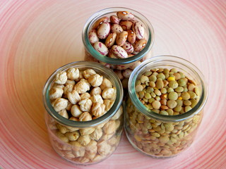 lentils, chickpeas, beans in glass jars