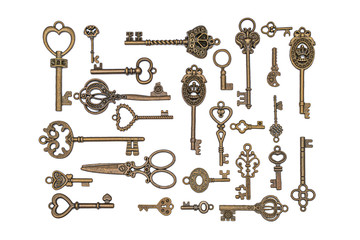 Vintage Keys Collection Isolated On White Background