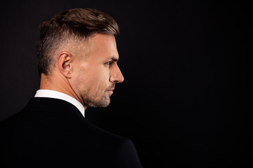 Close-up rear back behind profile side view portrait of his he nice-looking attractive well-groomed...