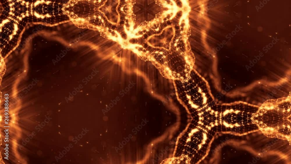 Poster glow particles form sci-fi cosmic background. looped 3d animation. golden red symmetrical structures