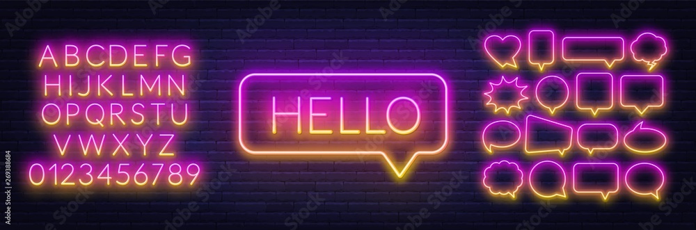 Poster neon sign of word hello in speech bubble frame on dark background.set of neon speech bubbles and the