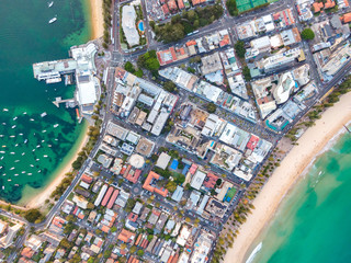 Vertical bird's eye aerial drone panoramic view of the oceanside suburb of Manly, Sydney, New South...