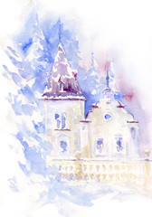 Hand Painted Greeting Christmas Card. Historical villa in winter forest