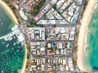 Vertical bird's eye aerial drone panoramic view of the oceanside suburb of Manly, Sydney, New South...