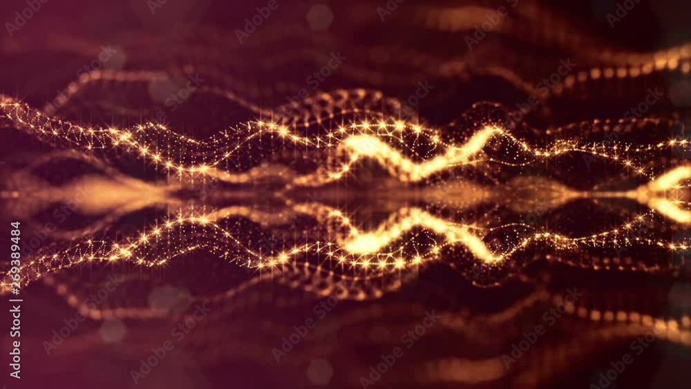 Poster glow particles form sci-fi cosmic background. looped 3d animation. golden red symmetrical structures