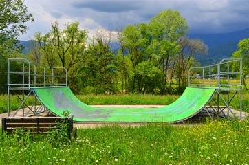 platform for skateboarding and Cycling in the background of nature