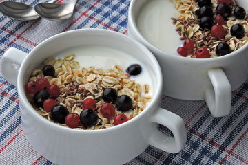 Healthy breakfast with yogurt, oatmeal, seeds and berries. Fitness breakfast or snack.