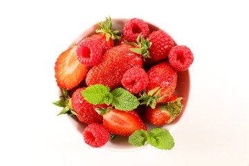 bowl with mixed berry fruit, strawberry and raspberry