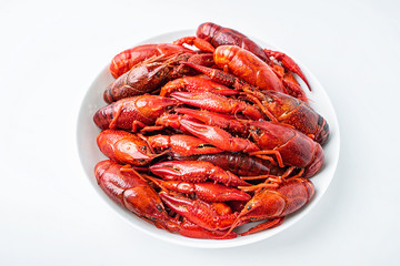 Delicious boiled crayfish on a saucer on a white background